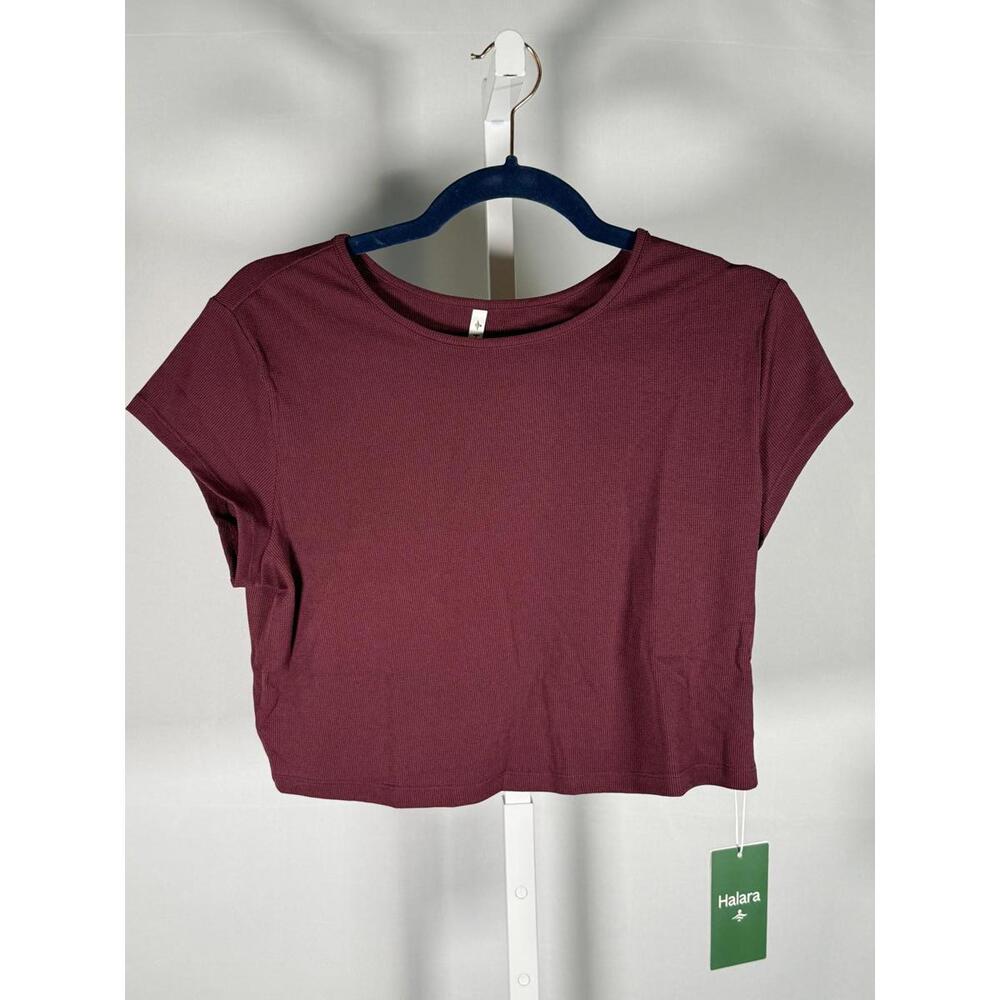 NWT Halara Cropped Short Sleeve Tee Burgundy Top Size Large - Picture 2 of 5